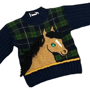 Vintage Heartworks Kids Navy Plaid Teddy Bear Sweater 3D Fringe Made in USA 5/6